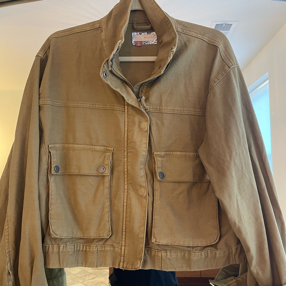 Anthro, pilcrk, cropped boxy dark camel light weight jacket
